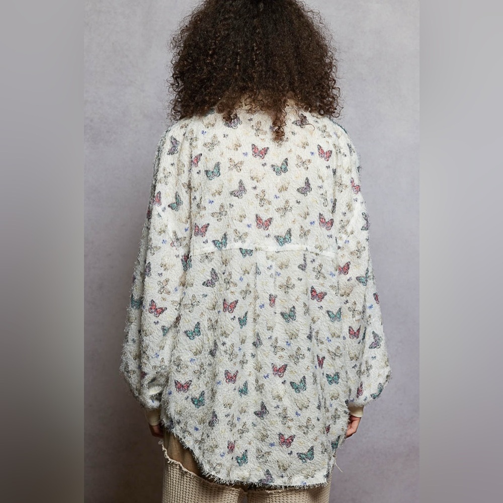 POL Butterfly Pattern Contrast Placket Textured W… - image 3